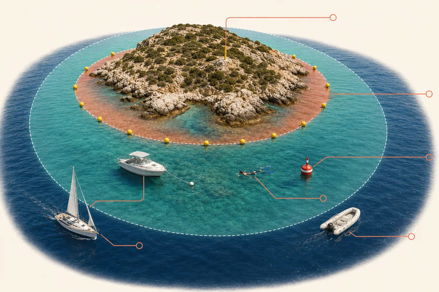 Schema dei tre livelli di tutela di un’area marina protetta: un’isola circondata da tre fasce di mare, con boe gialle sul confine della zona A, uno snorkelista nella fascia intermedia e barche in quella esterna.